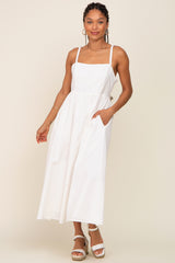 White Linen Square Neck Lace-Up Back Maternity Midi Dress