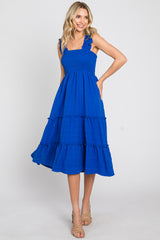 Royal Smocked Square Neck Ruffle Strap Tiered Maternity Midi Dress