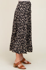 Black Floral Tiered Midi Skirt