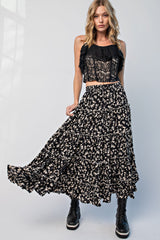 Black Floral Tiered Midi Skirt