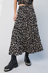 Black Floral Tiered Midi Skirt