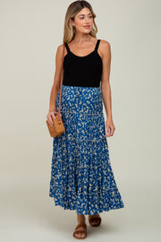 Blue Floral Tiered Maternity Midi Skirt