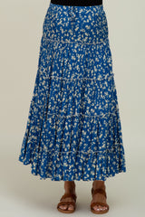 Blue Floral Tiered Maternity Midi Skirt