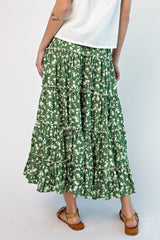 Green Floral Tiered Midi Skirt