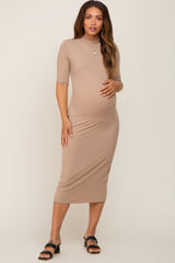 Taupe Ribbed Mock Neck Maternity Midi Dress