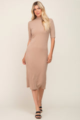 Taupe Ribbed Mock Neck Midi Dress