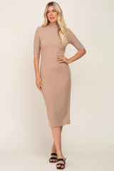 Taupe Ribbed Mock Neck Midi Dress