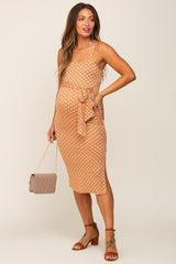 Camel Tile Print Front Tie Side Slit Maternity Midi Dress