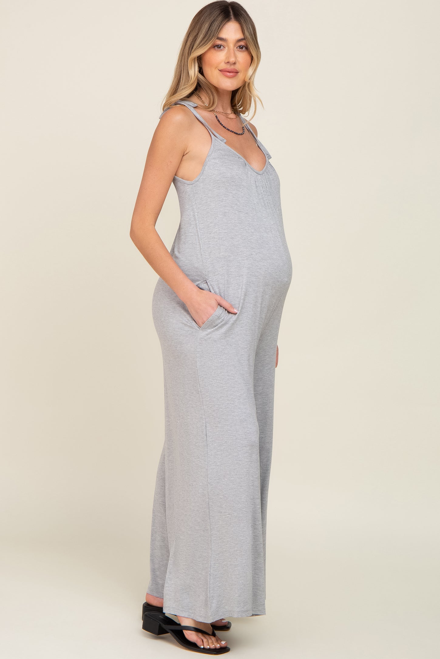 Heather Grey Shoulder Tie Soft Knit Maternity Jumpsuit– PinkBlush