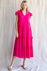 Fuchsia Flutter Sleeve Tiered Midi Dress