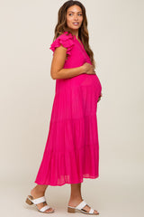 Fuchsia Flutter Sleeve Tiered Maternity Midi Dress