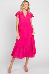 Fuchsia Flutter Sleeve Tiered Midi Dress