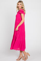 Fuchsia Flutter Sleeve Tiered Midi Dress