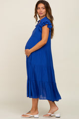 Royal Blue Flutter Sleeve Tiered Maternity Midi Dress