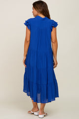 Royal Blue Flutter Sleeve Tiered Maternity Midi Dress