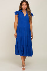 Royal Blue Flutter Sleeve Tiered Maternity Midi Dress