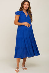 Royal Blue Flutter Sleeve Tiered Maternity Midi Dress