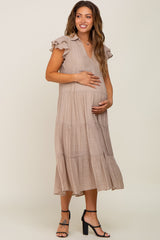 Taupe Flutter Sleeve Tiered Maternity Midi Dress