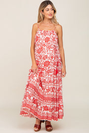 Red Floral Linen Tiered Maternity Maxi Dress