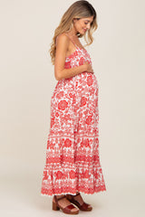 Red Floral Linen Tiered Maternity Maxi Dress