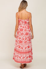 Red Floral Linen Tiered Maternity Maxi Dress