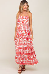 Red Floral Linen Tiered Maternity Maxi Dress