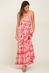 Red Floral Linen Tiered Maternity Maxi Dress