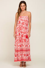 Red Floral Linen Tiered Maxi Dress