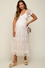 Cream Floral Embroidered Puff Sleeve Maternity Midi Dress