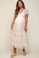 Cream Floral Embroidered Puff Sleeve Maternity Midi Dress