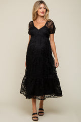 Black Floral Embroidered Puff Sleeve Maternity Midi Dress