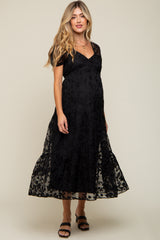 Black Floral Embroidered Puff Sleeve Maternity Midi Dress