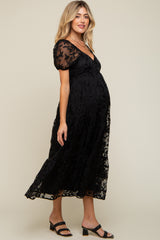 Black Floral Embroidered Puff Sleeve Maternity Midi Dress