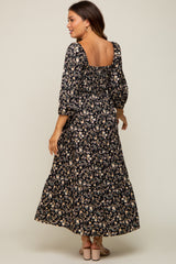 Black Floral Smocked Tiered Maternity Midi Dress