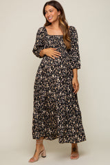 Black Floral Smocked Tiered Maternity Midi Dress