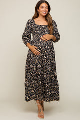 Black Floral Smocked Tiered Maternity Midi Dress