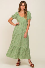 Green Floral Puff Sleeve Maternity Maxi Dress