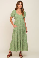 Green Floral Puff Sleeve Maxi Dress