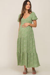 Green Floral Puff Sleeve Maternity Maxi Dress