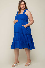 Royal Blue Smocked Square Neck Ruffle Strap Tiered Maternity Plus Midi Dress