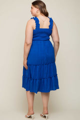 Royal Blue Smocked Square Neck Ruffle Strap Tiered Maternity Plus Midi Dress