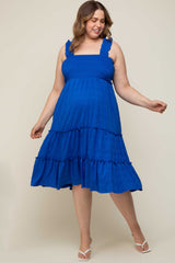 Royal Blue Smocked Square Neck Ruffle Strap Tiered Maternity Plus Midi Dress