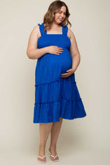 Royal Blue Smocked Square Neck Ruffle Strap Tiered Maternity Plus Midi Dress