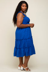 Royal Blue Smocked Square Neck Ruffle Strap Tiered Plus Midi Dress