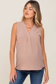 Light Mocha Solid V-Neck Sleeveless Maternity Top