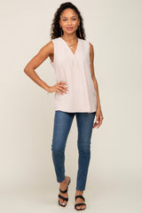 Beige Solid V-Neck Sleeveless Top