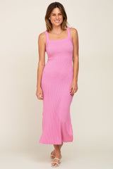 Pink Rib Knit Side Slit Maternity Maxi Dress