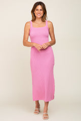 Pink Rib Knit Side Slit Maxi Dress