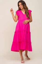 Fuchsia Ruffle Accent Tiered Maternity Midi Dress