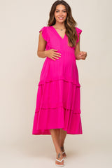 Fuchsia Ruffle Accent Tiered Maternity Midi Dress